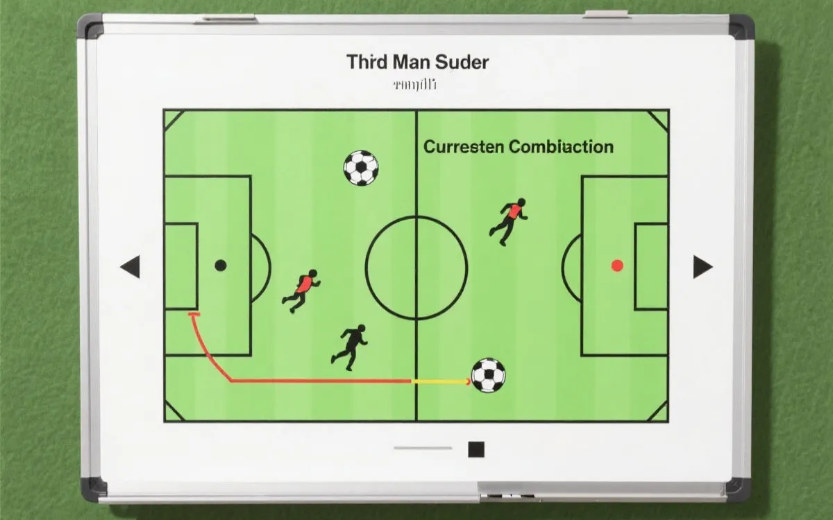 足球战术示意：中路三角配合与反击直塞的跑动线路