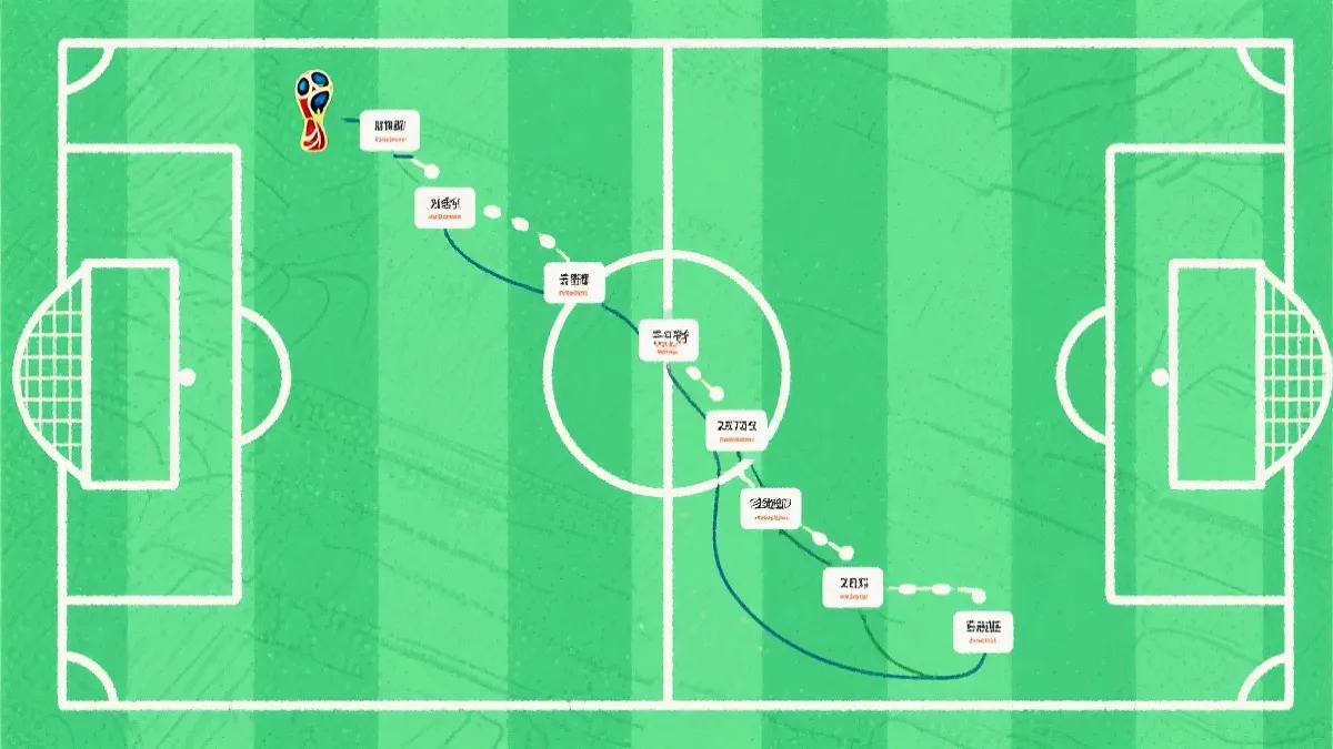 世界杯淘汰赛黑马路线图概念插画：球队从小组赛到八强的路径
