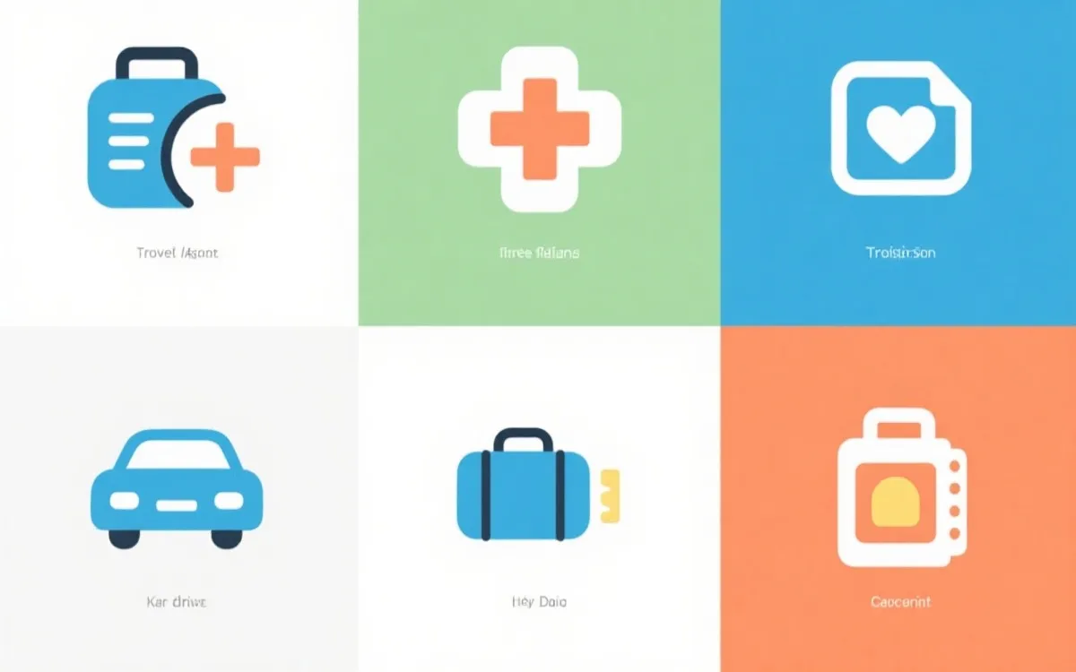 旅行保险模块化配置示意：医疗救援、行程延误、租车自驾、行李与证件