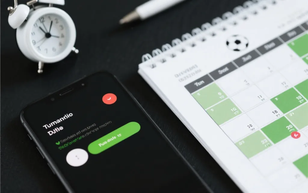 手机日历与闹钟提醒界面叠加在足球赛程表旁边，体现核对时区与双重提醒
